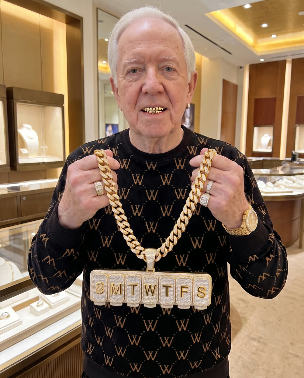 Grandpa Drip holding the pill organizer chain in a jewelry store